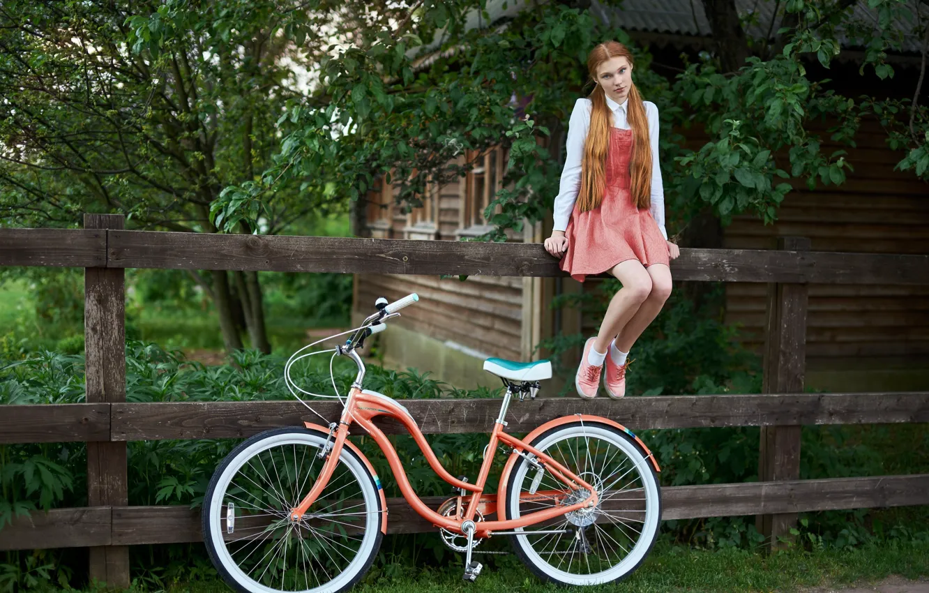 Фото обои bicycle, dress, trees, nature, model, women, redhead, cottage