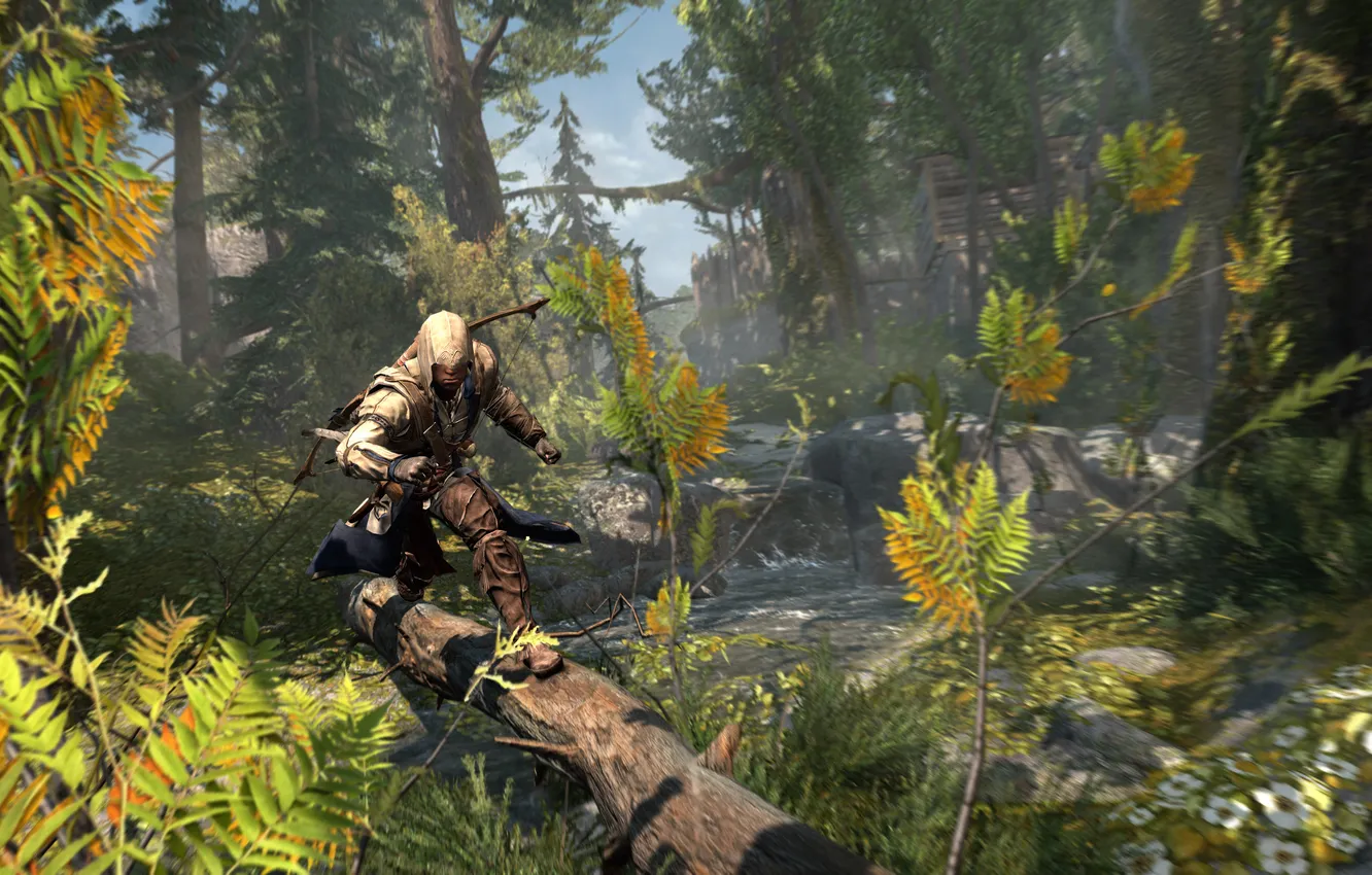 Фото обои лес, бежит, коннор, Assassin’s Creed III, AC III Frontier Log Run