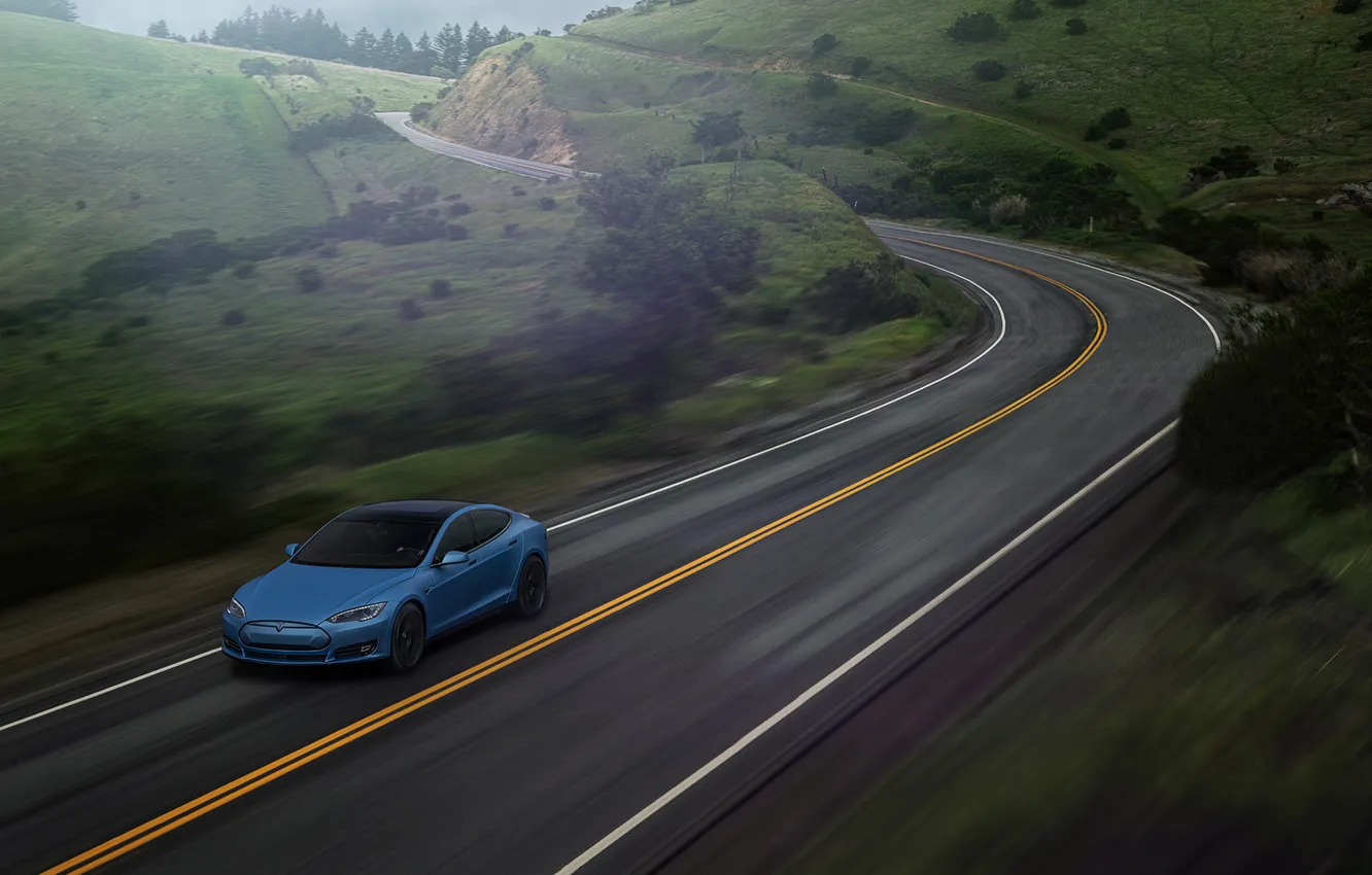 Фото обои Car, Blue, Speed, Front, Tesla, Road, P85D