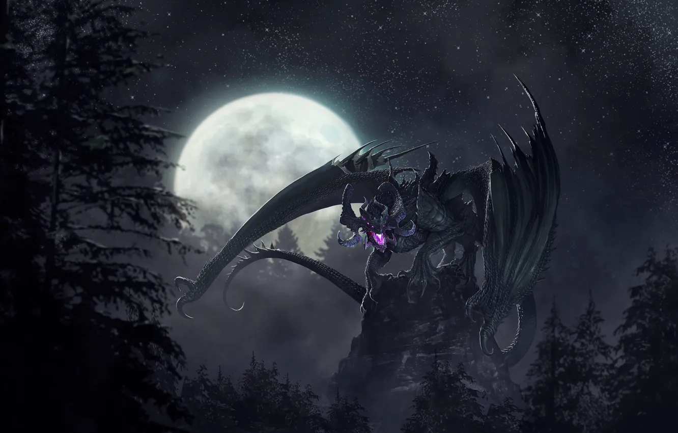 Фото обои ночь, фентези, луна, дракон, арт, полнолуние, Godfrey Escota, Signoir