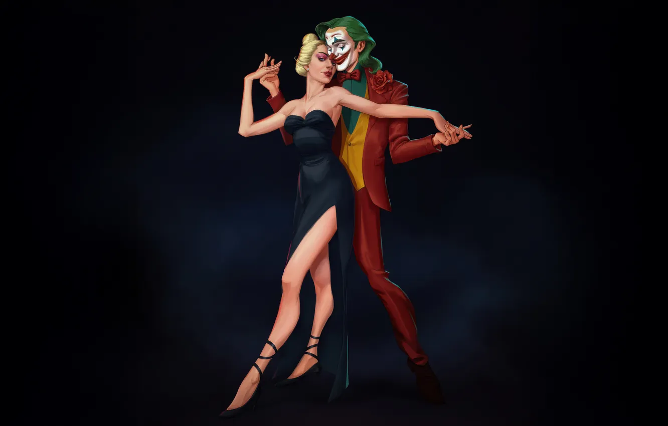Фото обои Любовь, пара, Танец, Joker, Темный фон, Harley Quinn, Crazy In Love, сумашедшая любовь