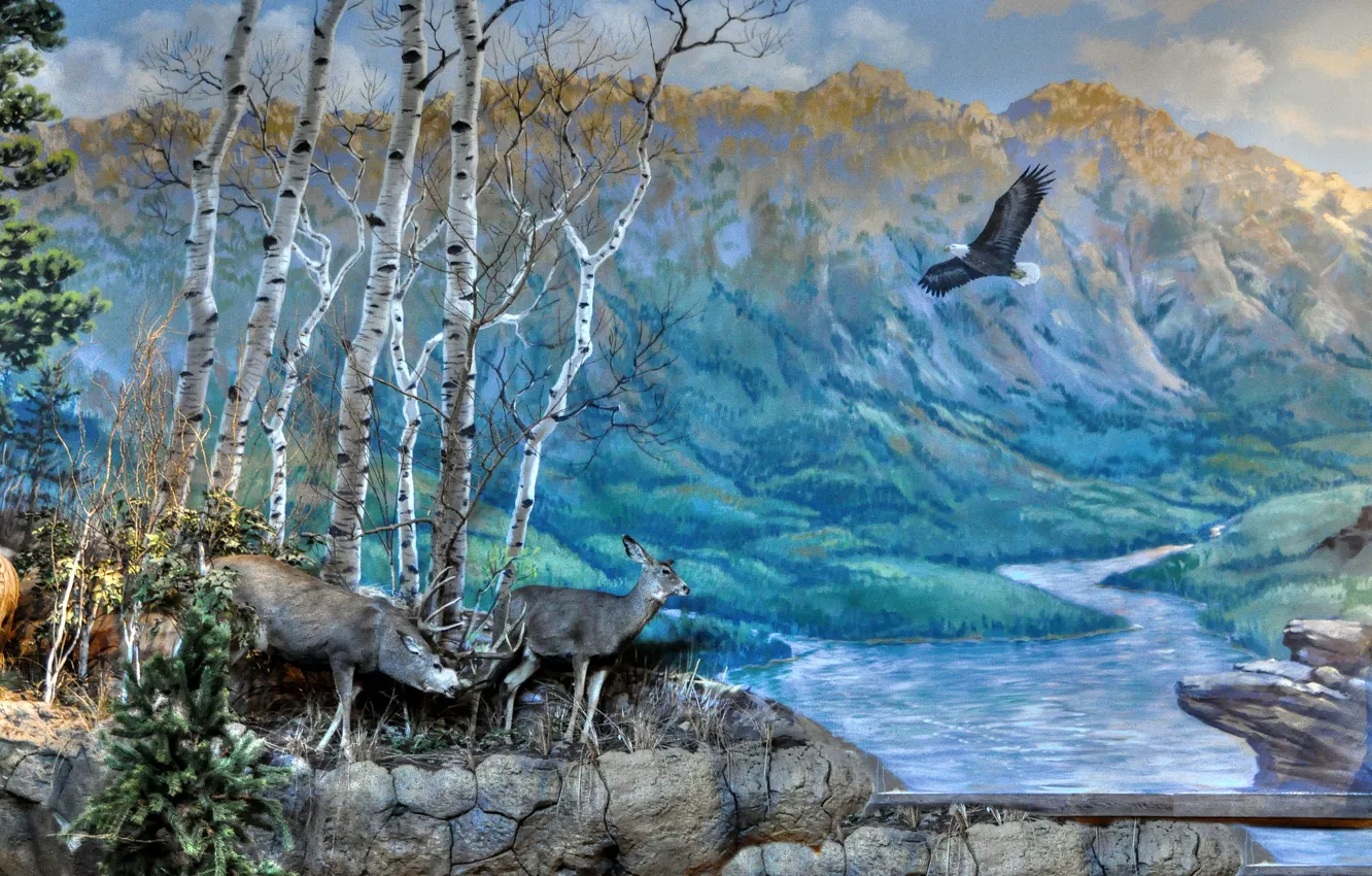 Фото обои пейзаж, горы, природа, река, птица, картина, олень