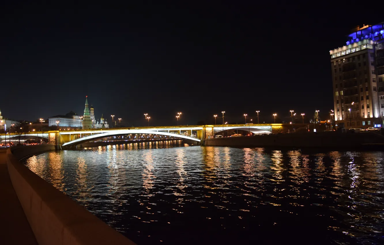 Фото обои мост, огни, река, вечер, Москва, Кремль, Россия, Russia