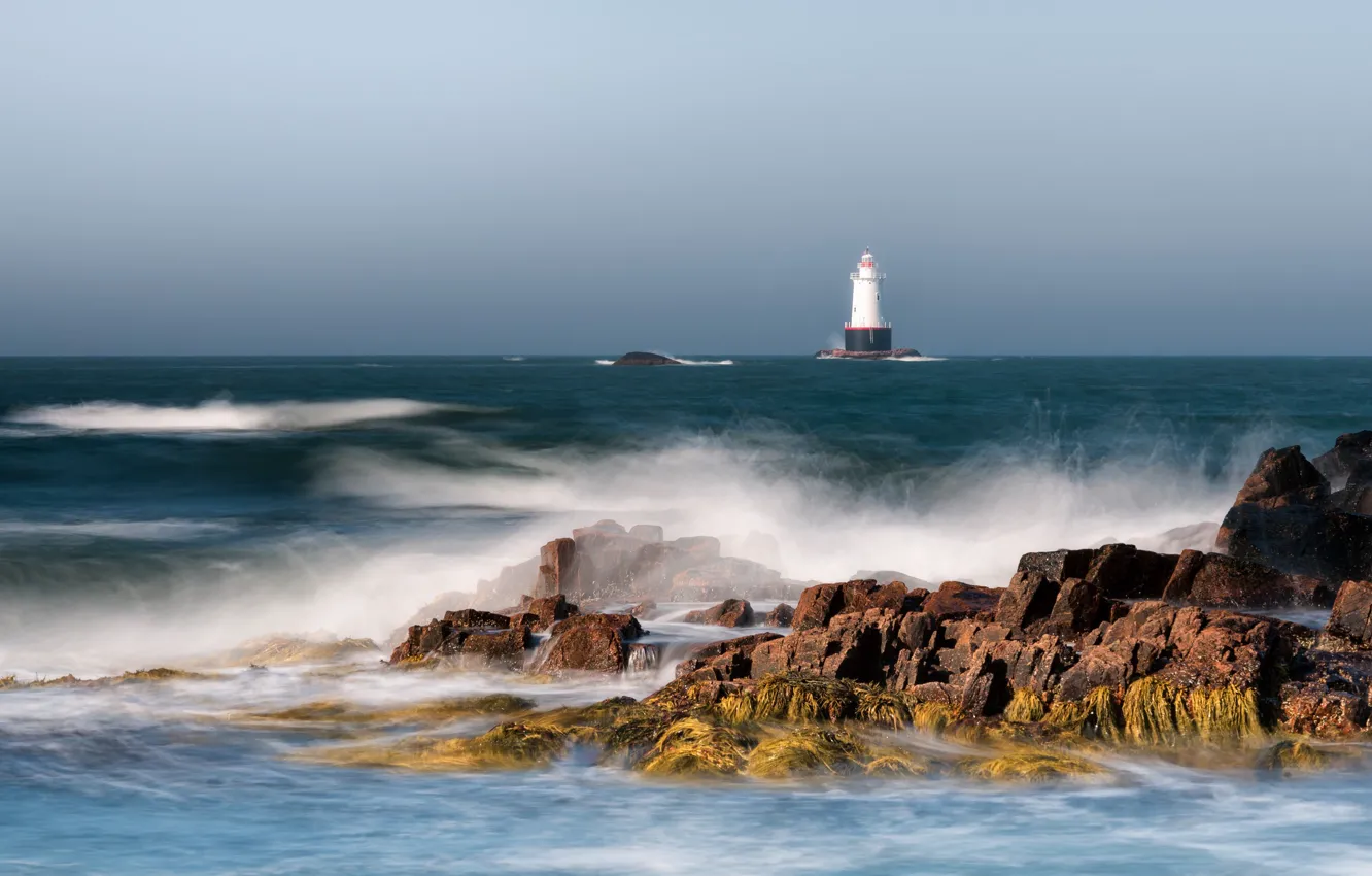 Фото обои океан, побережье, маяк, США, lighthouse, New England, Rhode Island, Род-Айленд