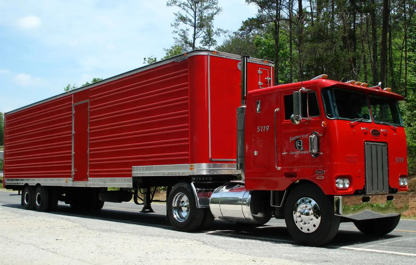 Фото обои красный, грузовик, прицеп, как, терминатора, фура, Peterbilt