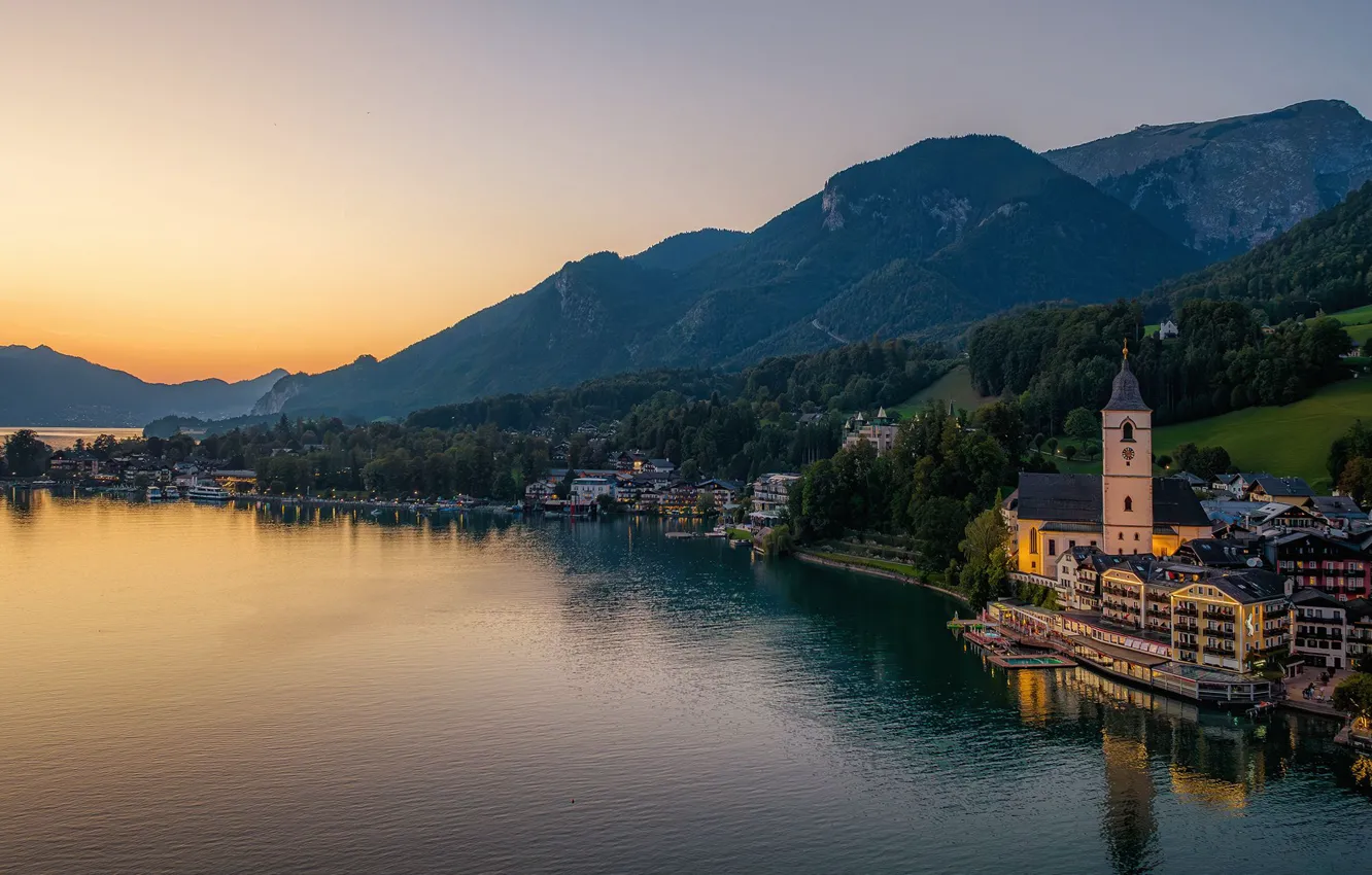 Фото обои закат, горы, озеро, здания, дома, Австрия, церковь, Austria