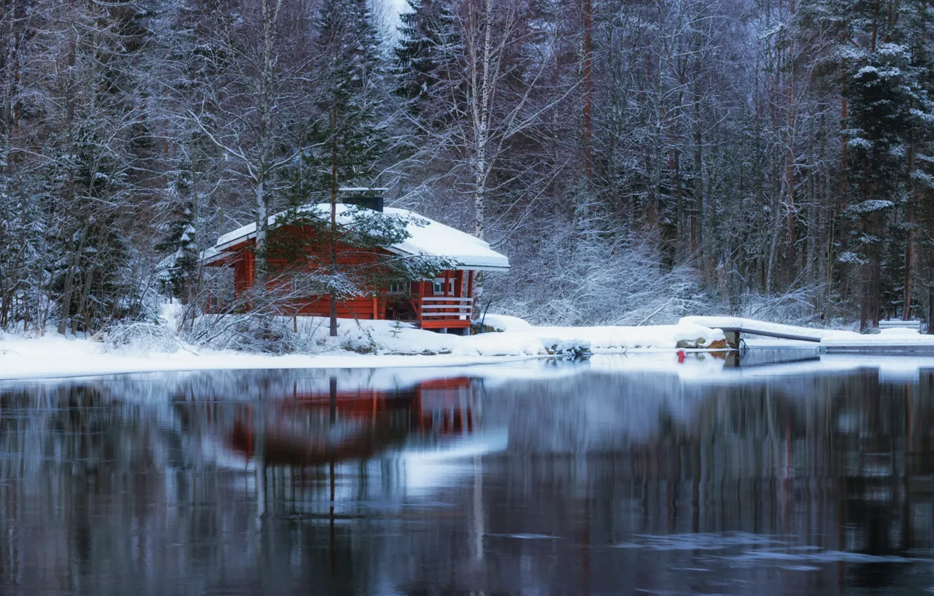 Фото обои зима, лес, озеро, дом, отражение, Anssi Carroll