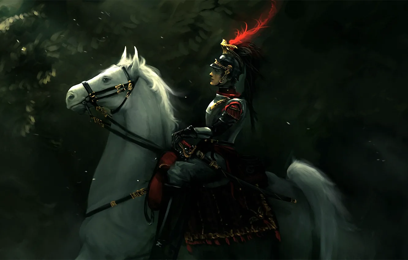 Фото обои ветки, лошадь, меч, арт, солдат, всадник, кокарда