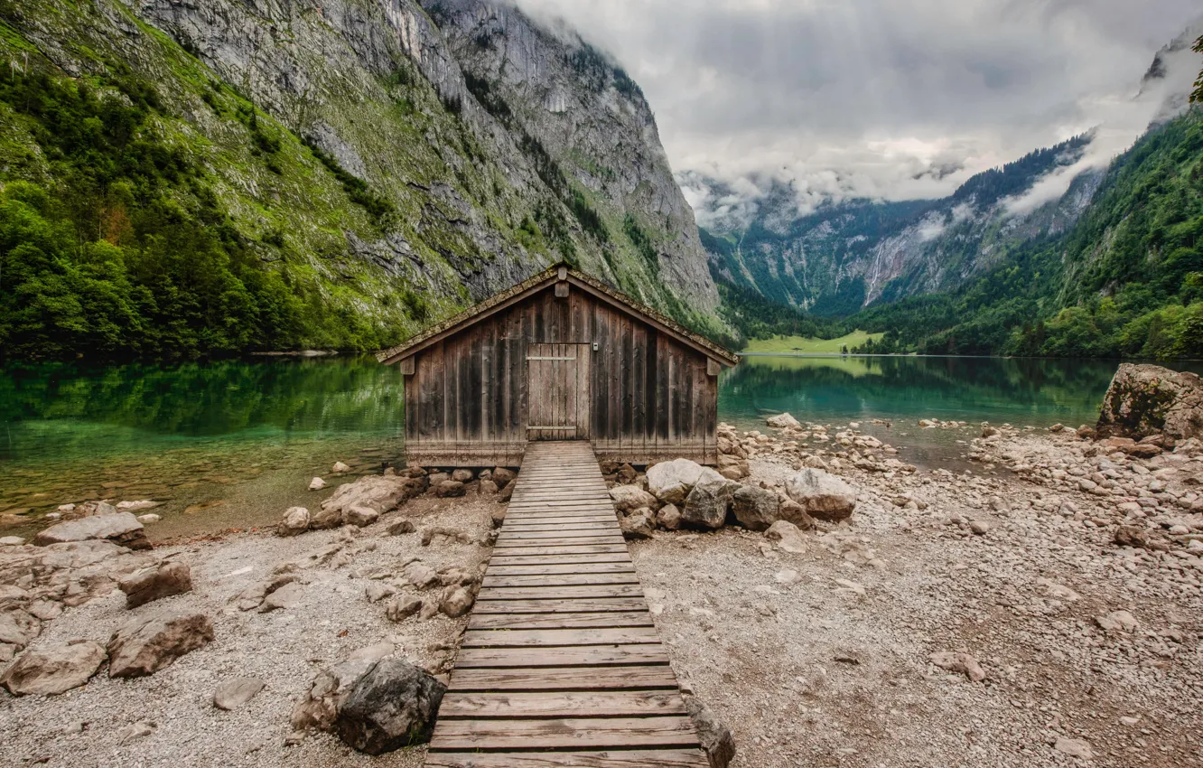 Фото обои горы, озеро, берег, домик