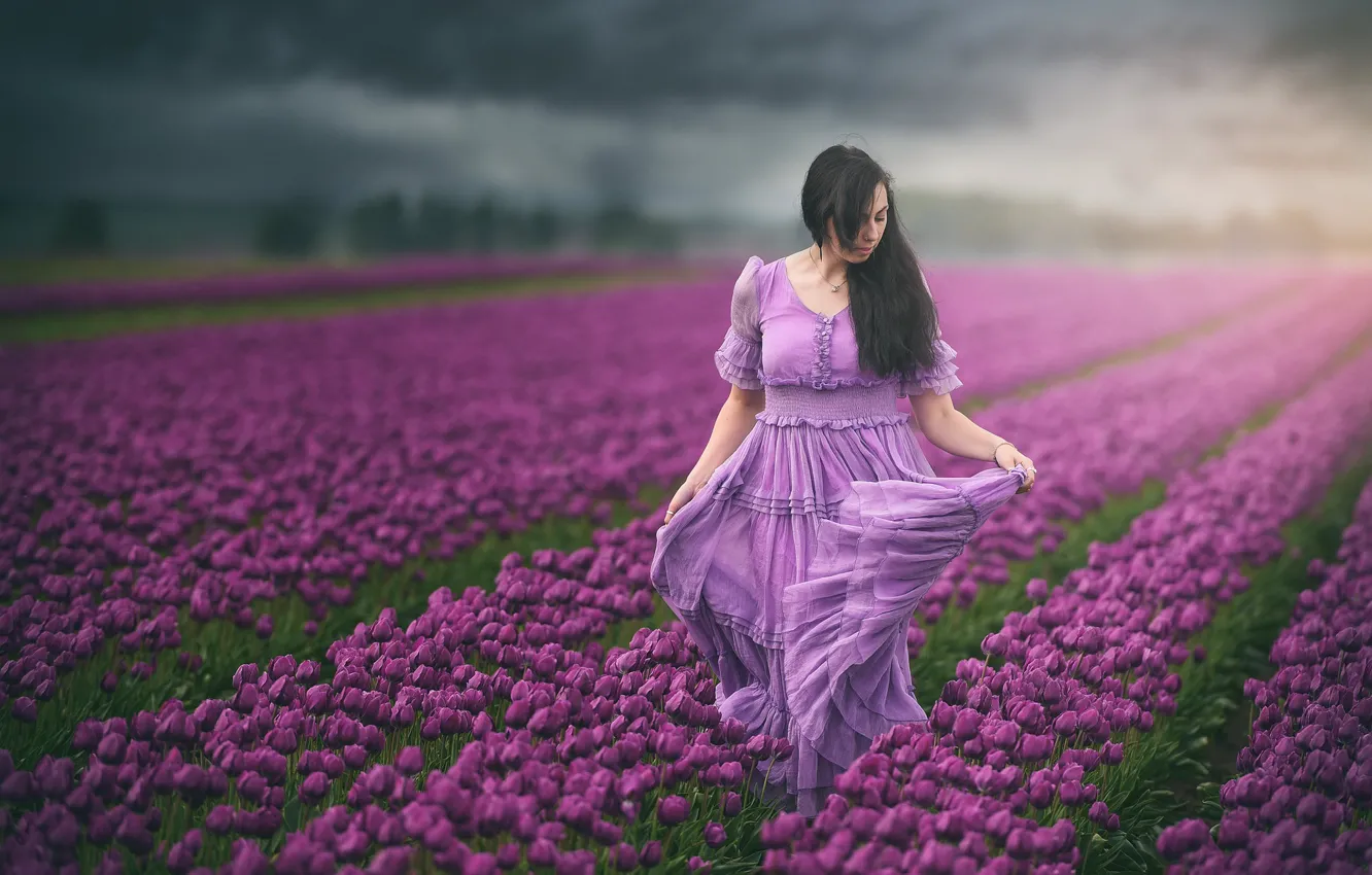 Фото обои поле, девушка, платье, тюльпаны, боке