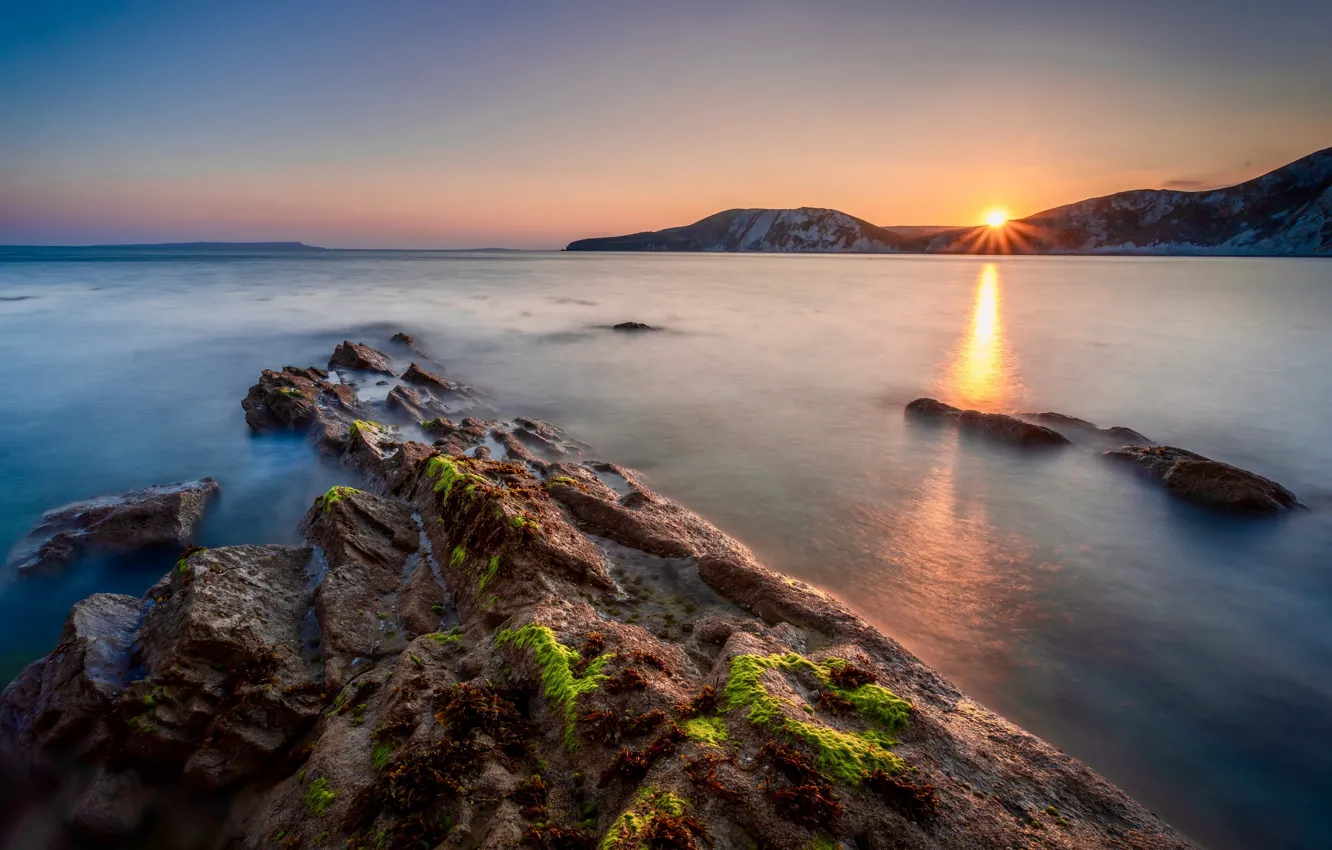 Фото обои Sunset, long exposure, Dorset Coast