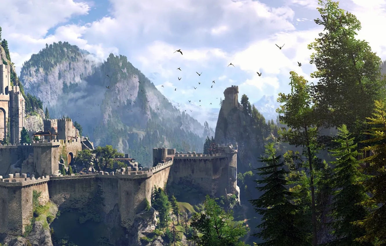 Фото обои небо, деревья, горы, обои, игра, RPG, The Witcher 3: Wild Hunt, Ведьмак 3: Дикая Охота