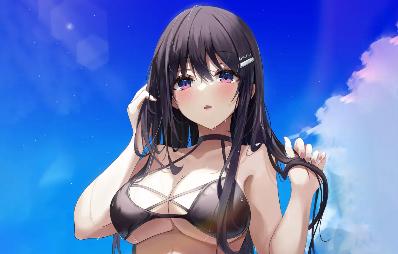 Фото обои girl, sexy, wet, cleavage, long hair, boobs, anime, beautiful