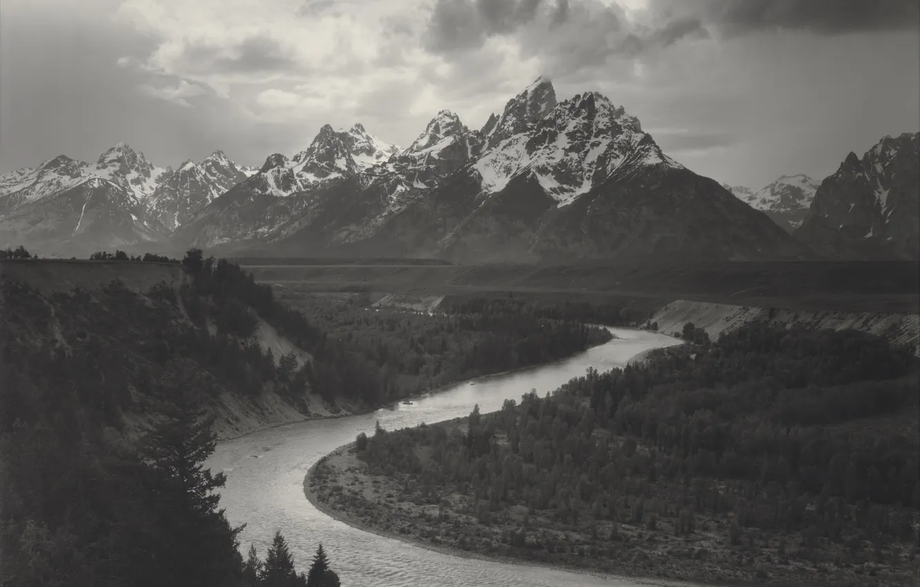 Фото обои пейзаж, природа, чёрно-белое, landscape, 1942 год, Ansel Adams, Black and white, горы и река Снейк