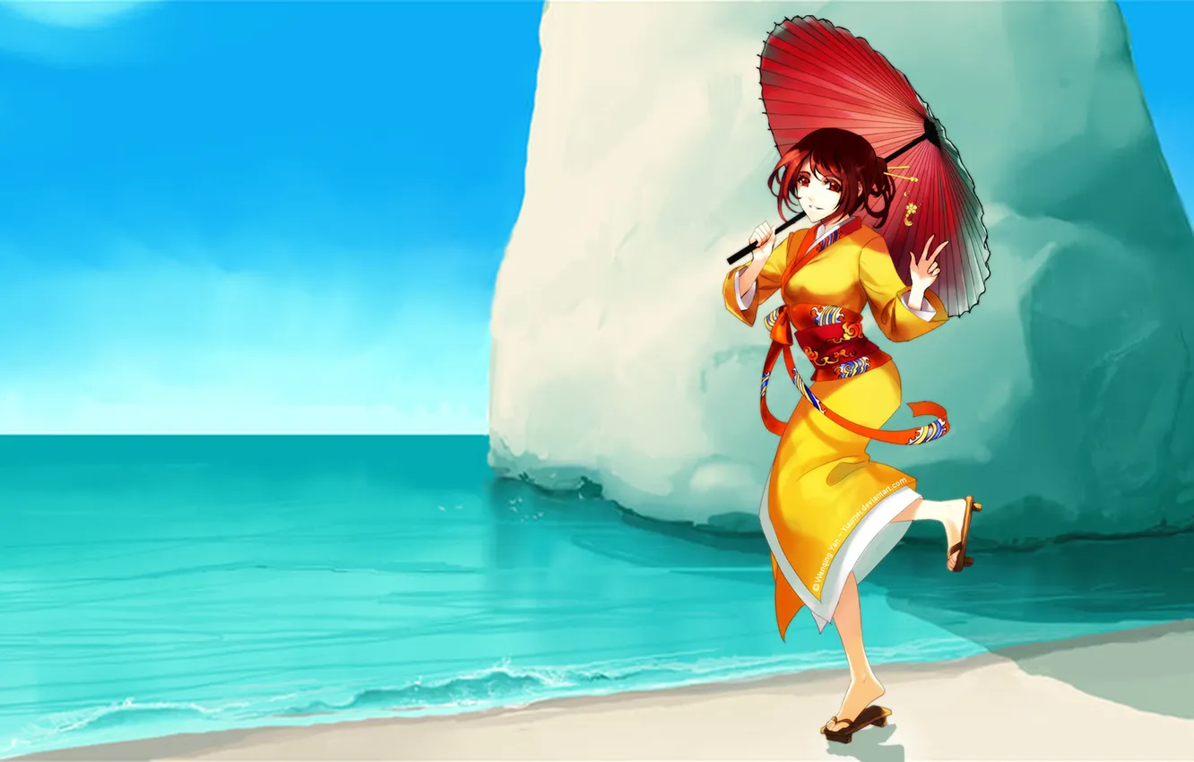 Фото обои море, девушка, красный, зонтик, берег, арт, кимоно, яркое