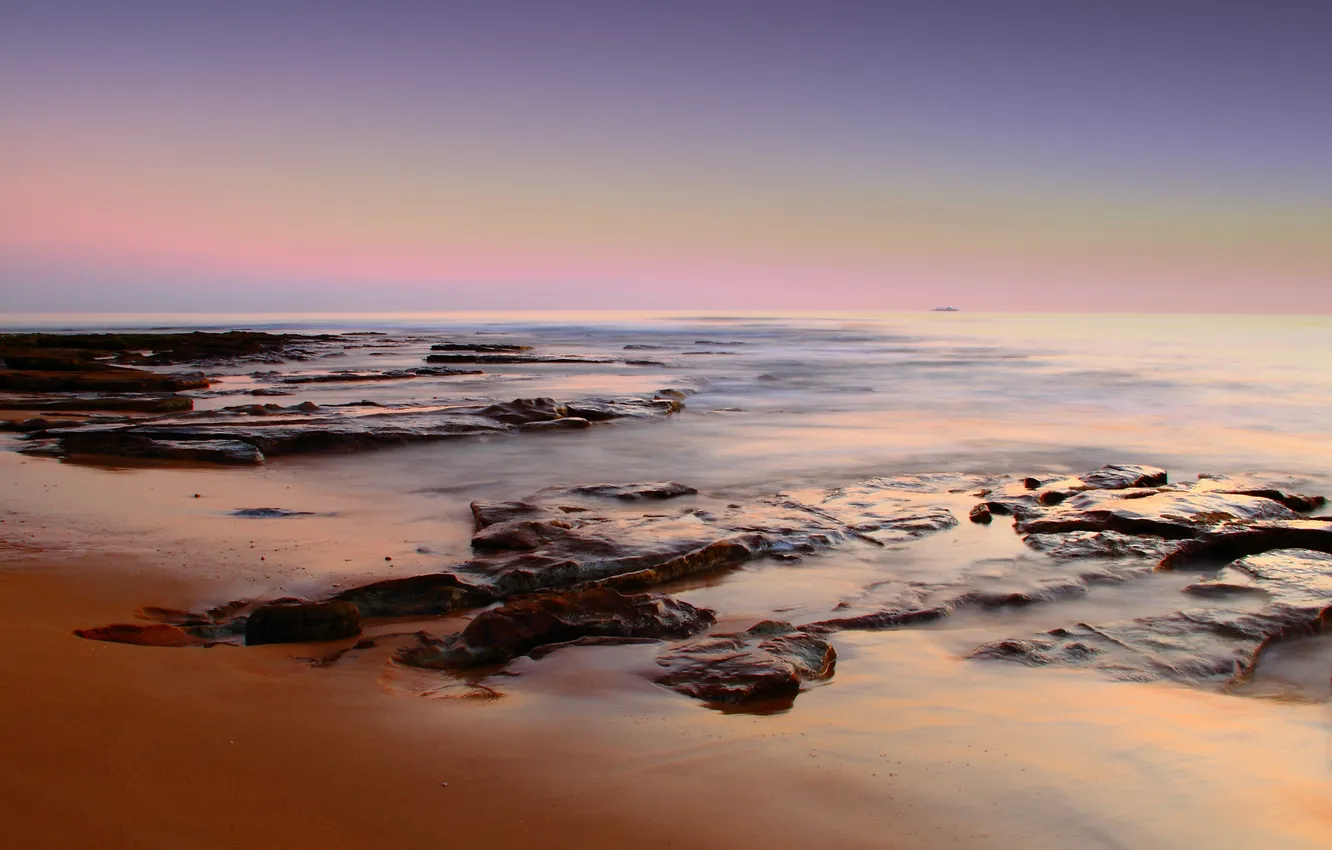 Фото обои море, пляж, закат, камни, краски, утро, неба