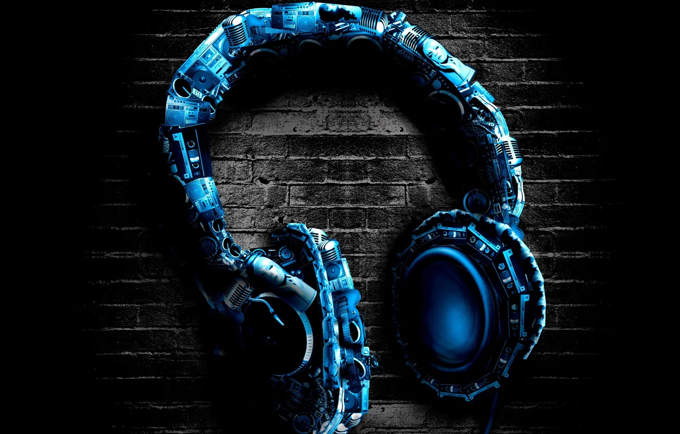 Фото обои синий, фон, стена, наушники, headphones, стерео