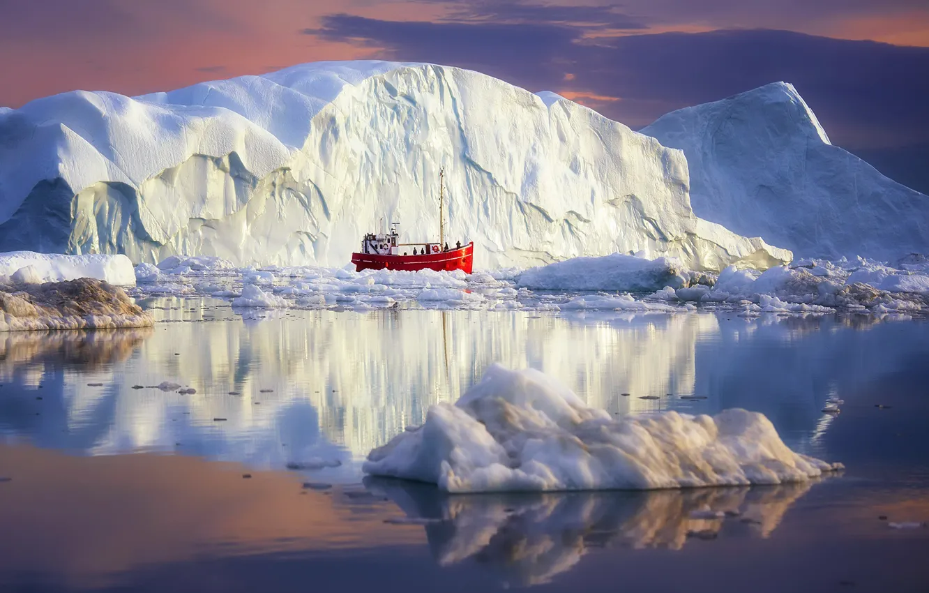 Фото обои boat, arctic, icebergs, greenland