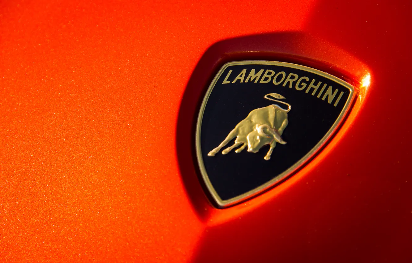 Фото обои макро, оранжевый, Lamborghini, эмблема