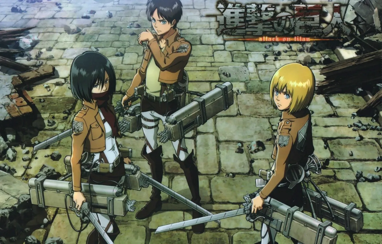 Фото обои брусчатка, разрушение, эмблема, клинки, военная форма, Shingeki no Kyojin, Mikasa Ackerman, Eren Yeager