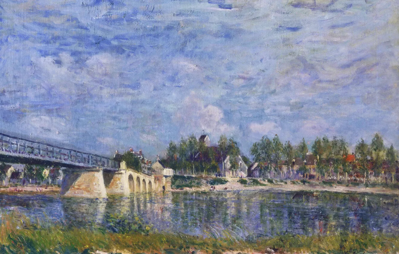 Фото обои пейзаж, река, картина, Alfred Sisley, Альфред Сислей, Мост в Сен-Мамес