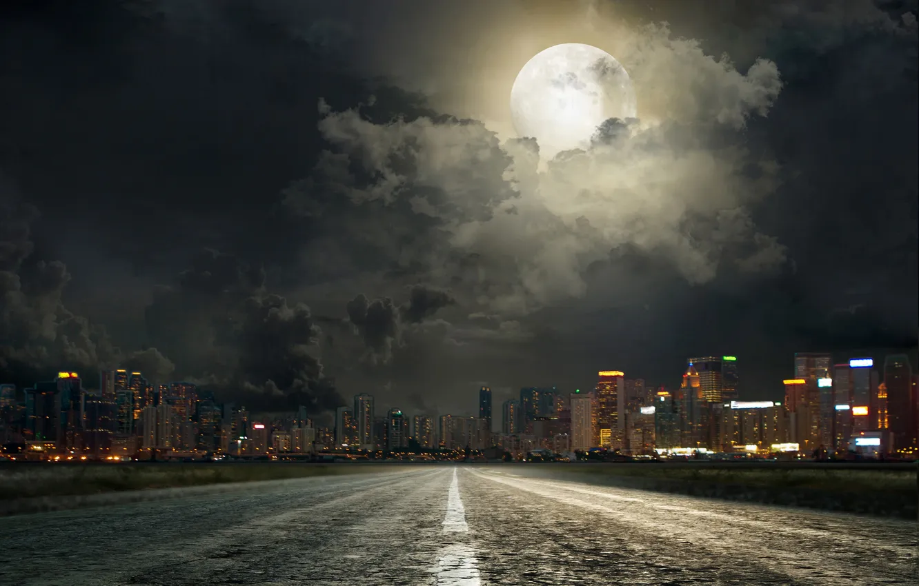 Фото обои дорога, ночь, город, огни, разметка, луна