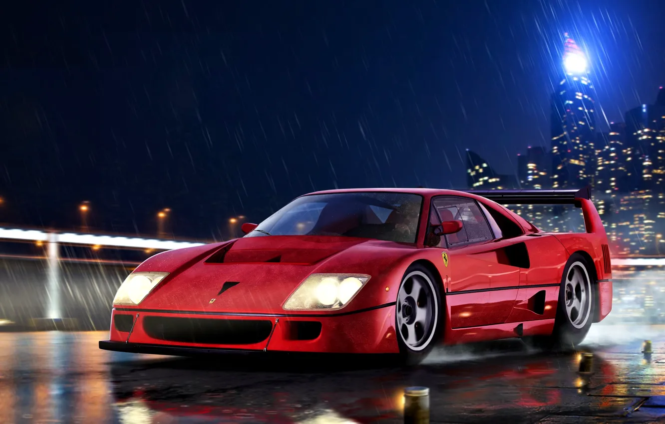 Фото обои Дождь, Италия, Суперкар, Ferrari F40, Двухдверный суперкар