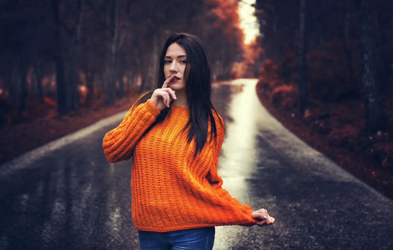 Фото обои Girl, Autumn, Yellow, Road, Wet, Forest, Sight