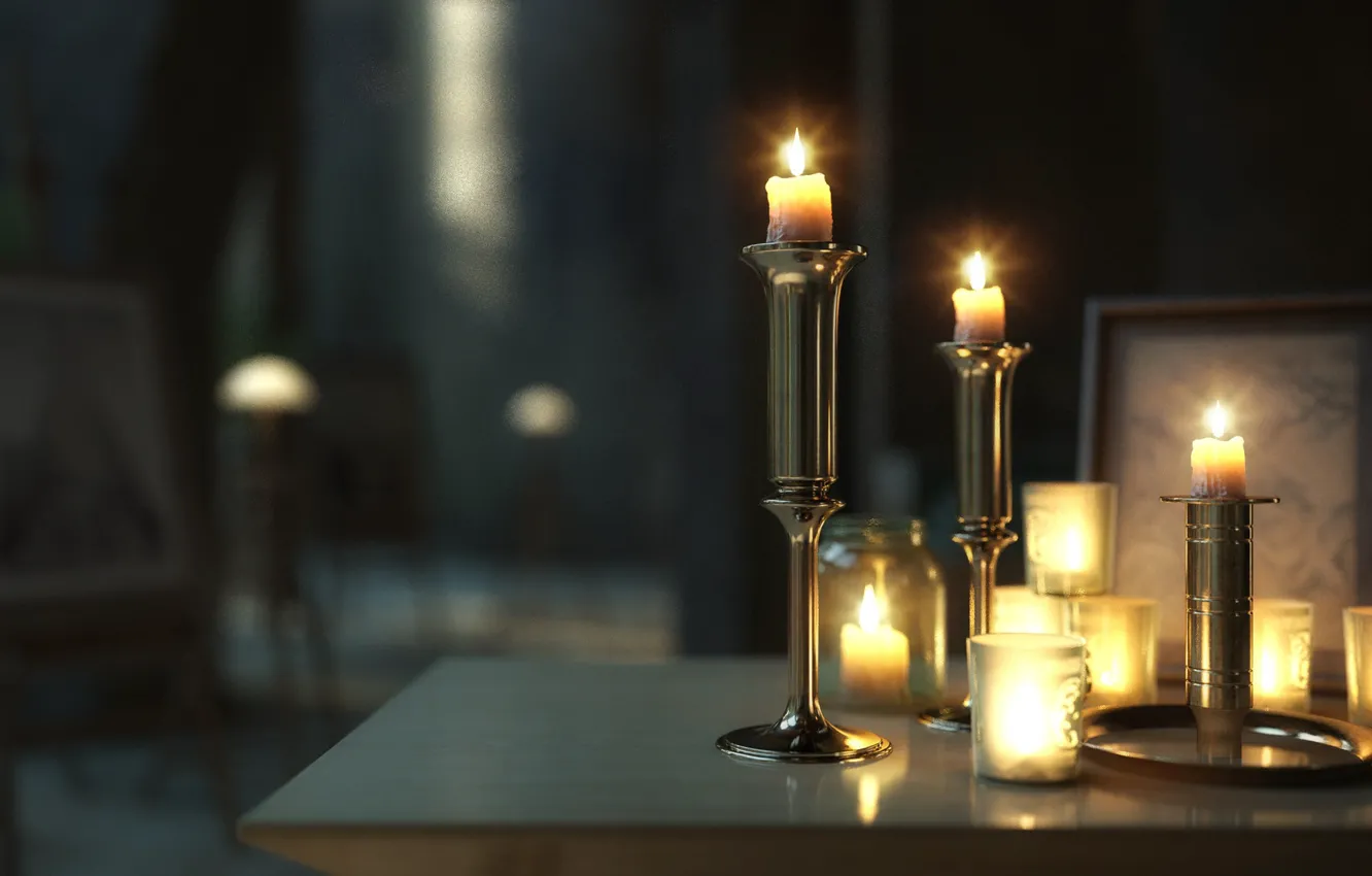 Фото обои отражение, стол, пламя, свечи, LAID-BACK
