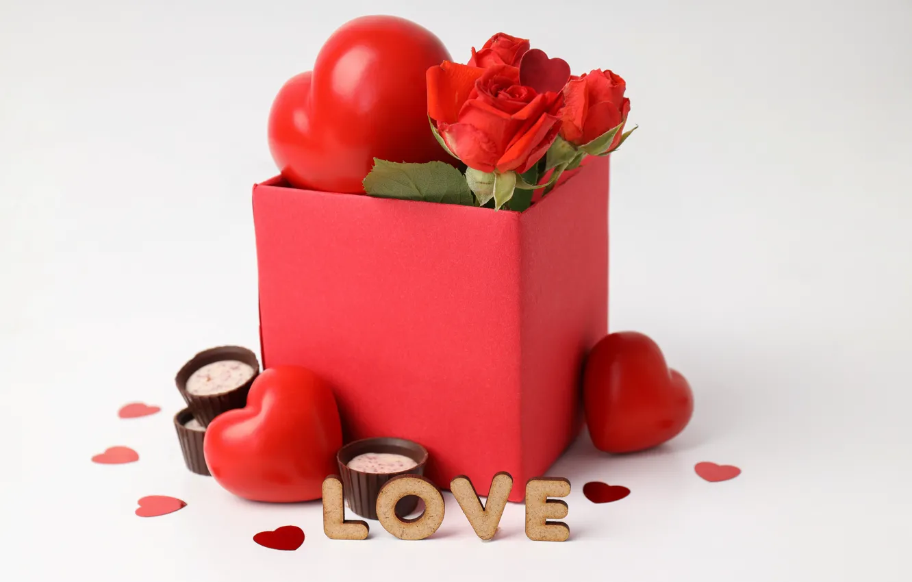 Фото обои любовь, подарок, романтика, сердце, шоколад, сердечки, red, love