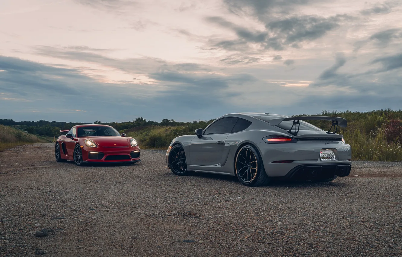 Фото обои headlights, Porsche, field, car, sunlight, GT4, road, Taillights
