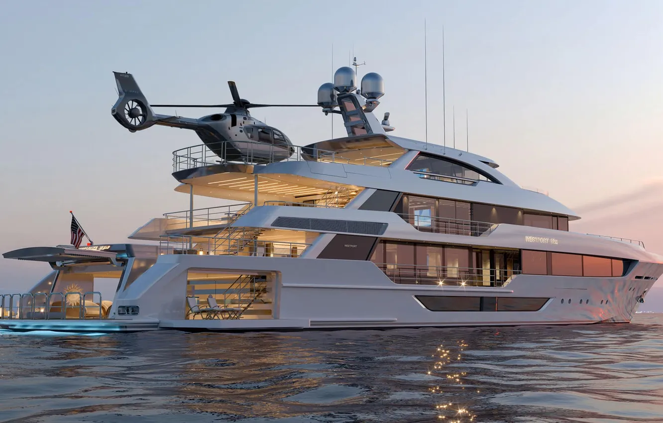 Фото обои море, освещение, superyacht, суперяхта, Западный порт 52M, профиль W172, трехпалубная моторная яхта, вертолетная площадка