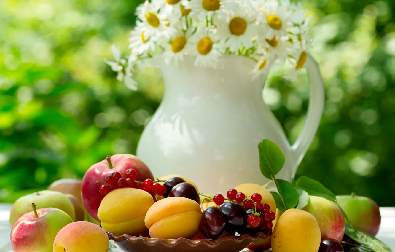 Фото обои яблоки, ромашки, summer, фрукты, flowers, абрикосы, fruits