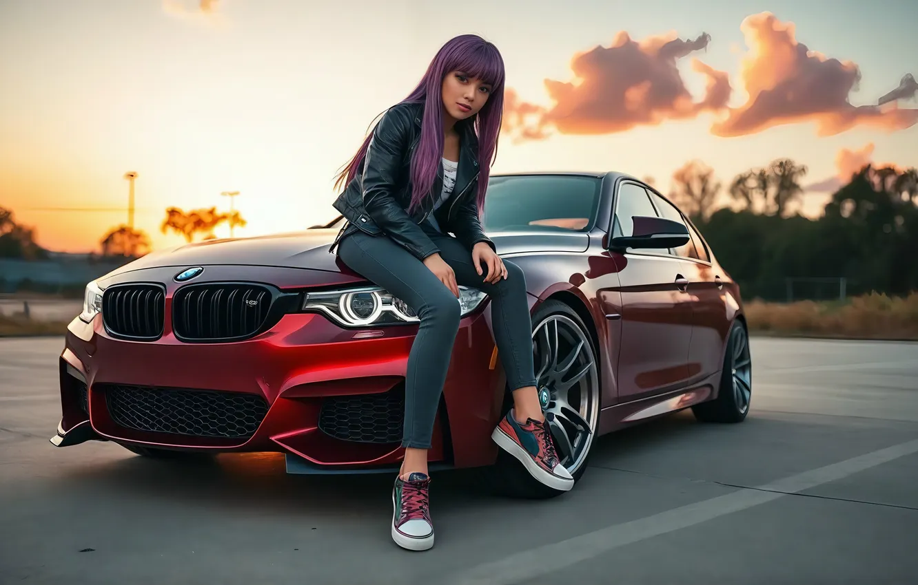 Фото обои BMW, Girl, Clouds, Parking, AI Art, AI Generated