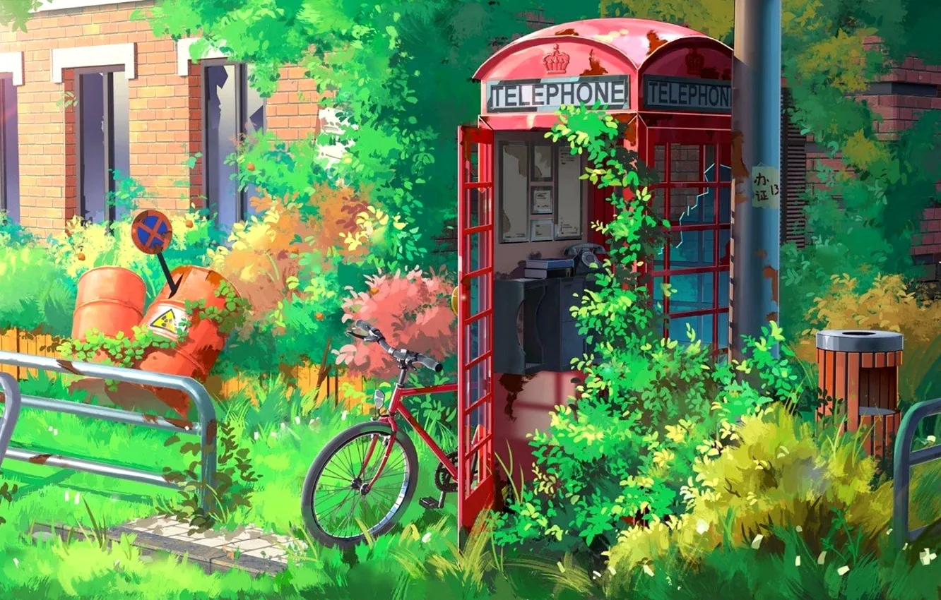 Фото обои велосипед, заросли, зеленая трава, красная, постапокалипсис, бочки, телефонная будка, дорожный знак