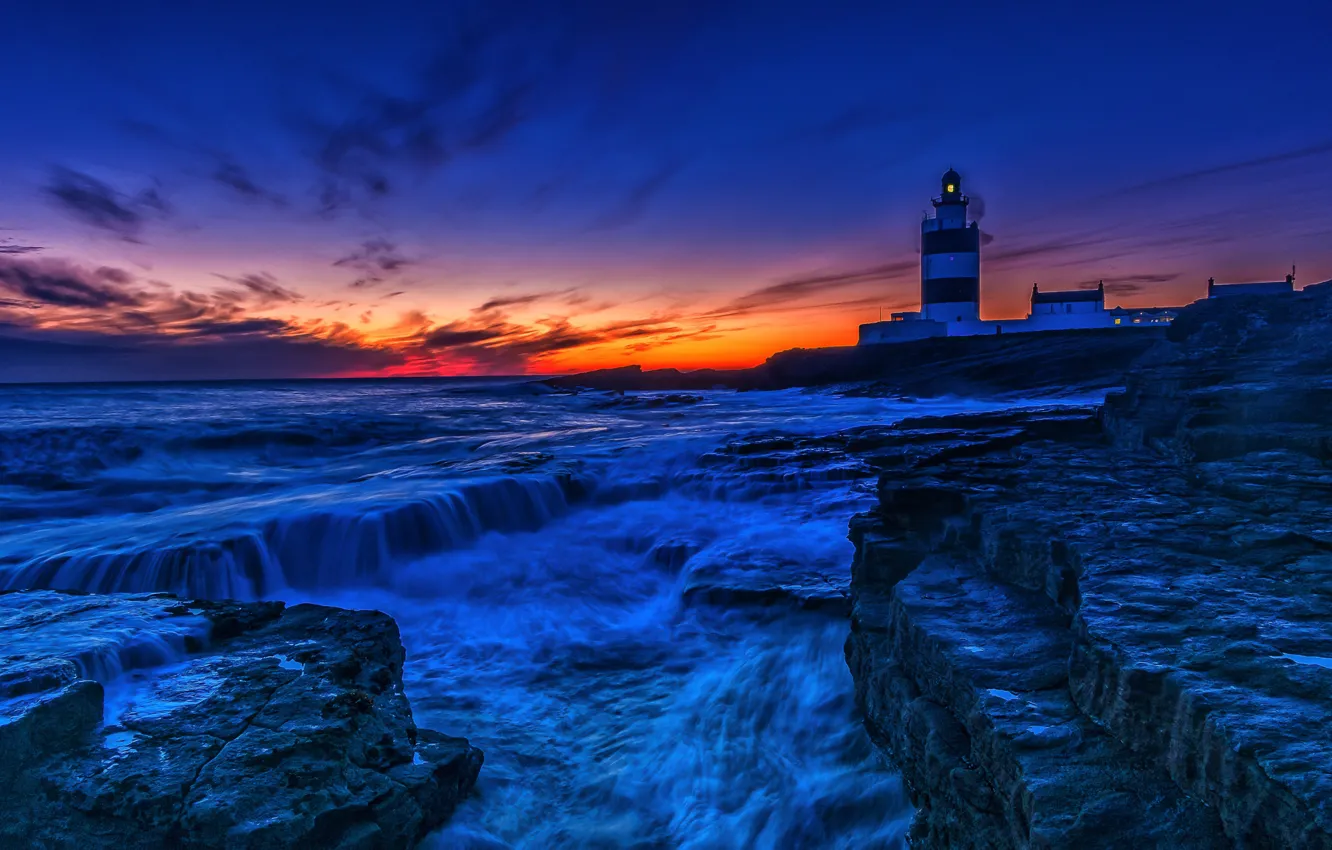 Фото обои море, закат, побережье, маяк, Ирландия, Ireland, Celtic Sea, County Wexford