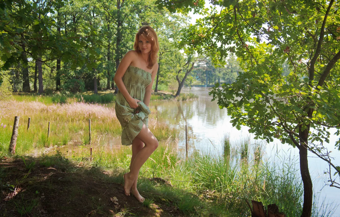 Фото обои summer, river, dress, trees, nature, water, model, redhead