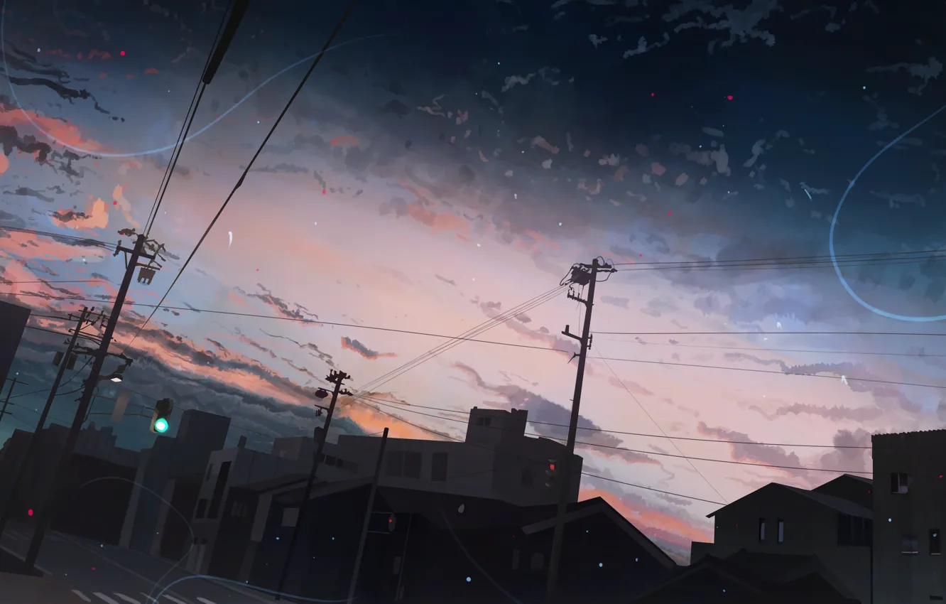 Фото обои дорога, город, светофор, сумерки