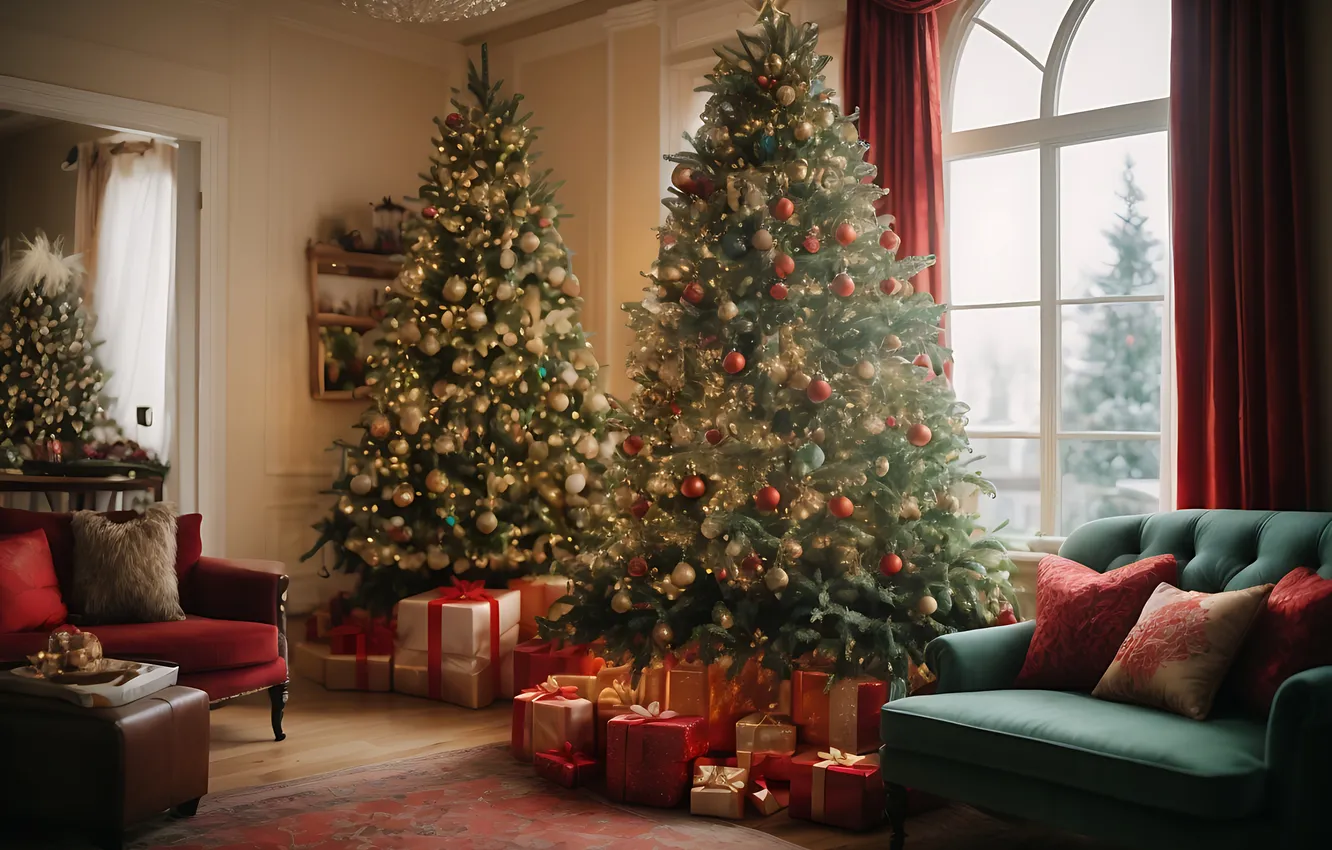 Фото обои украшения, комната, елка, интерьер, Рождество, подарки, Новый год, Christmas