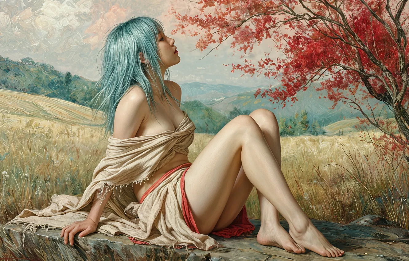 Фото обои поле, трава, девушка, деревья, отдых, усталость, босиком, долина