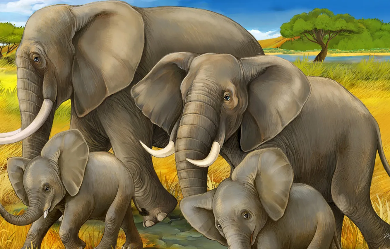 Фото обои пейзаж, рисунок, семья, слоны