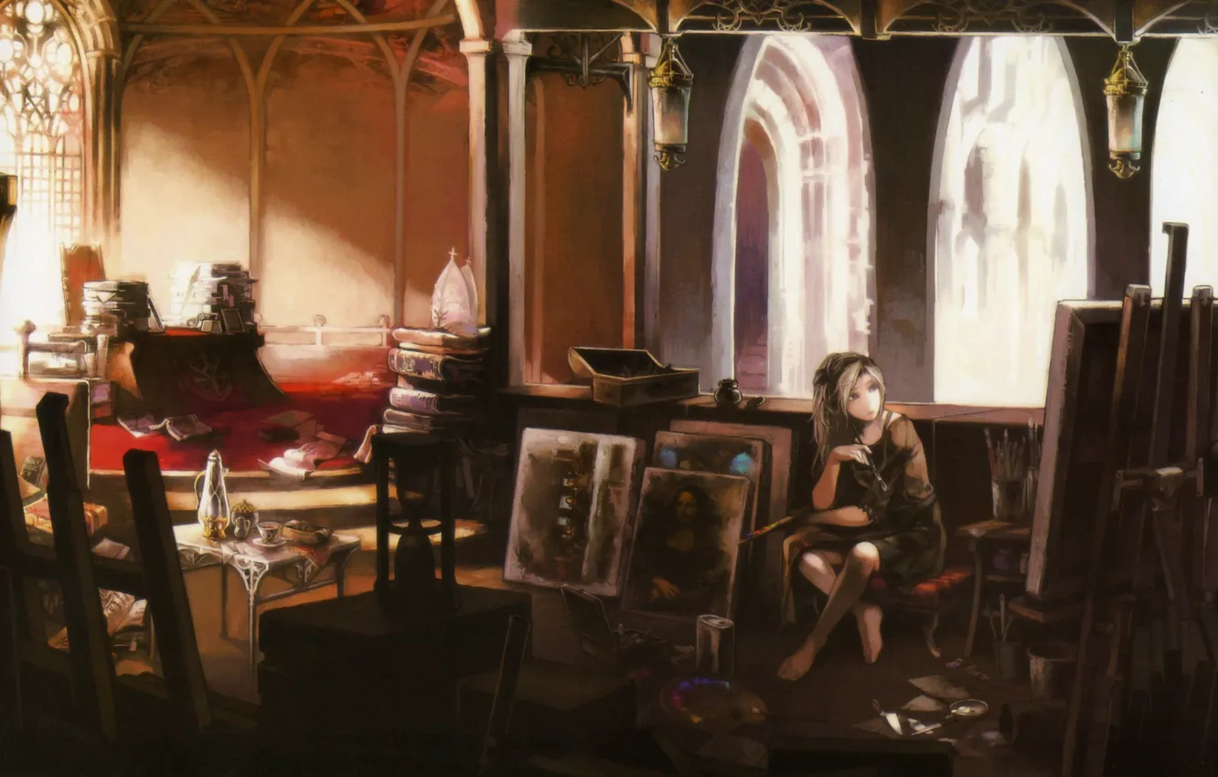 Фото обои девушка, свет, стол, комната, книги, картина, босиком, арт