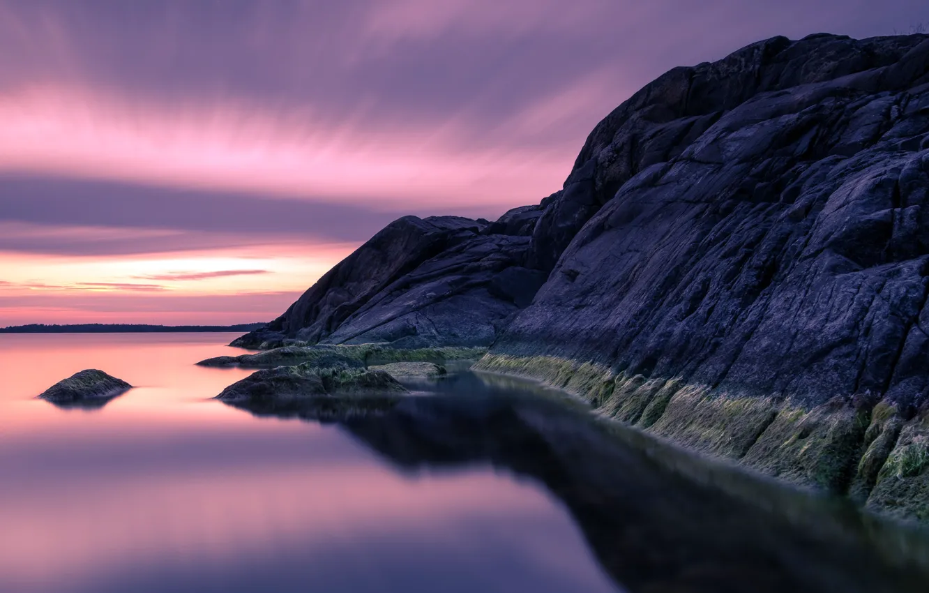 Фото обои море, закат, берег