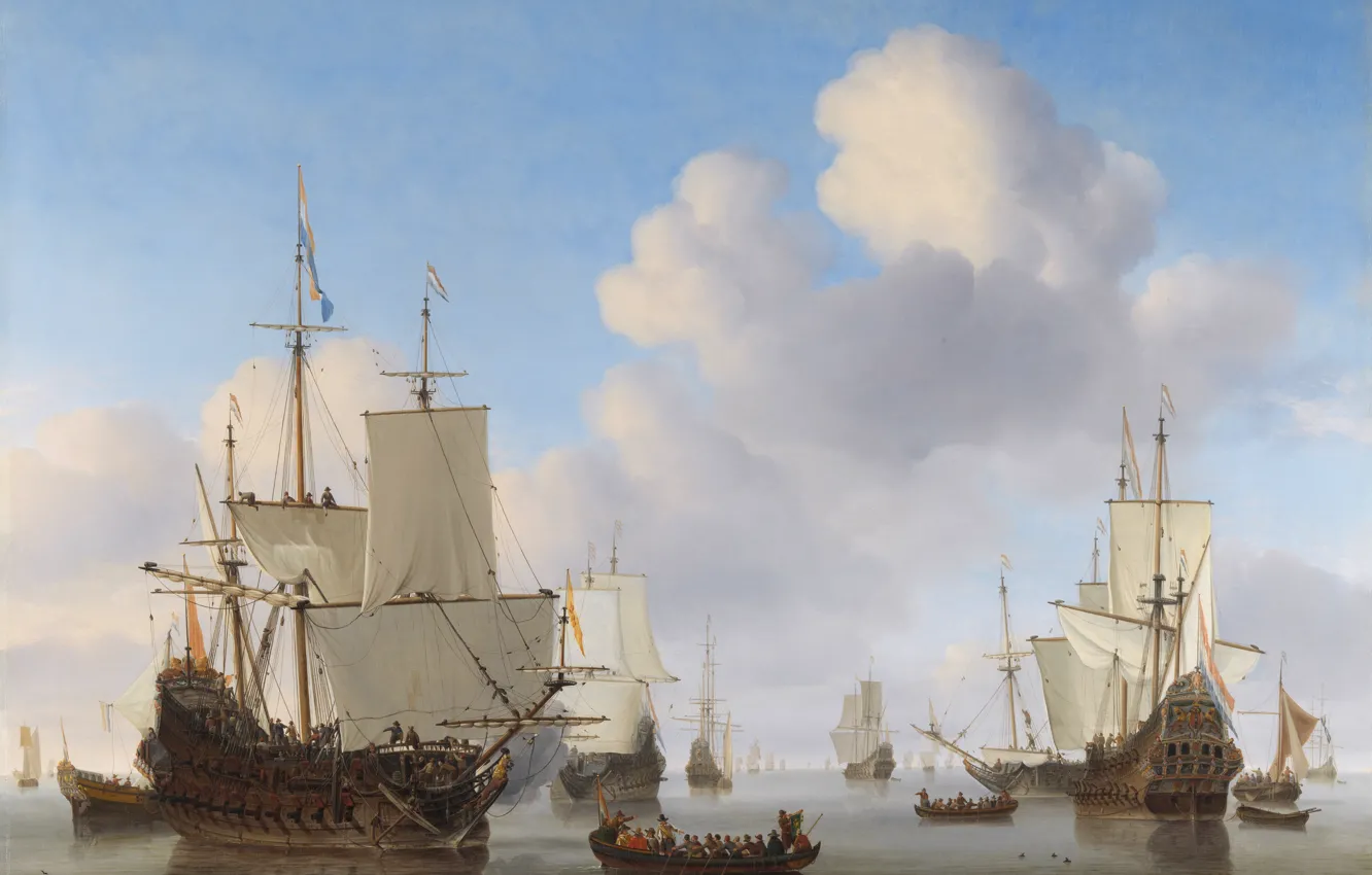 Фото обои море, вода, облака, корабли, лодки, паруса, штиль, флаги