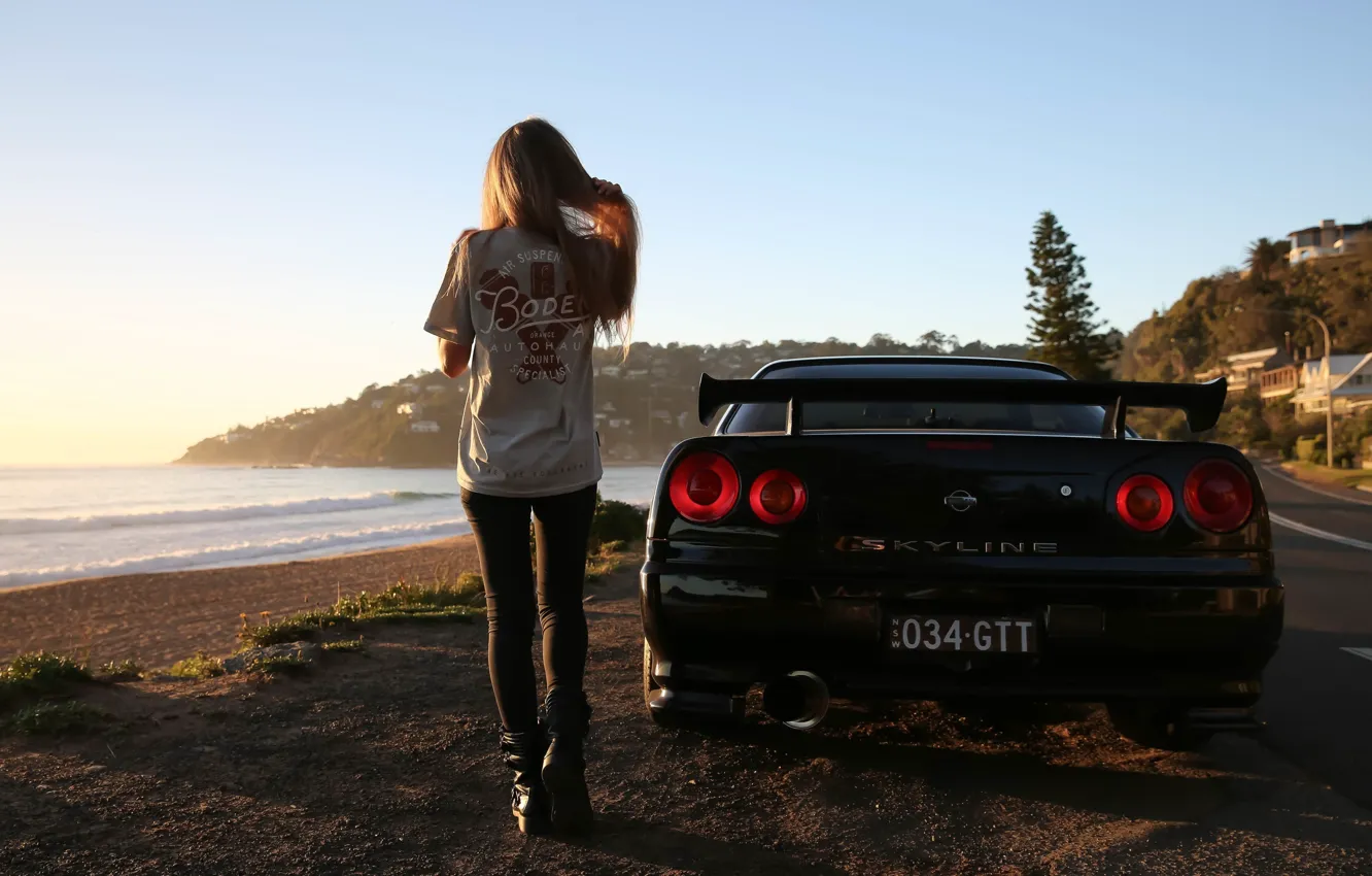 Фото обои girl, beach, road, sky, nature, sunset, Nissan Skyline, women
