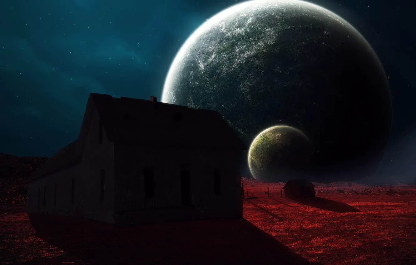 Фото обои космос, дом, планеты, арт, abikk