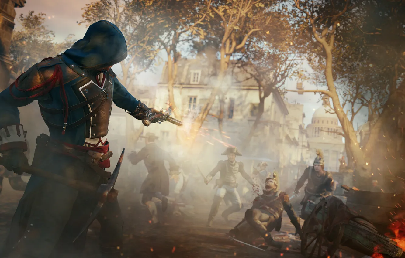 Фото обои пистолет, оружие, париж, солдаты, стража, Assassin’s Creed Unity, Кредо ассасина, арно