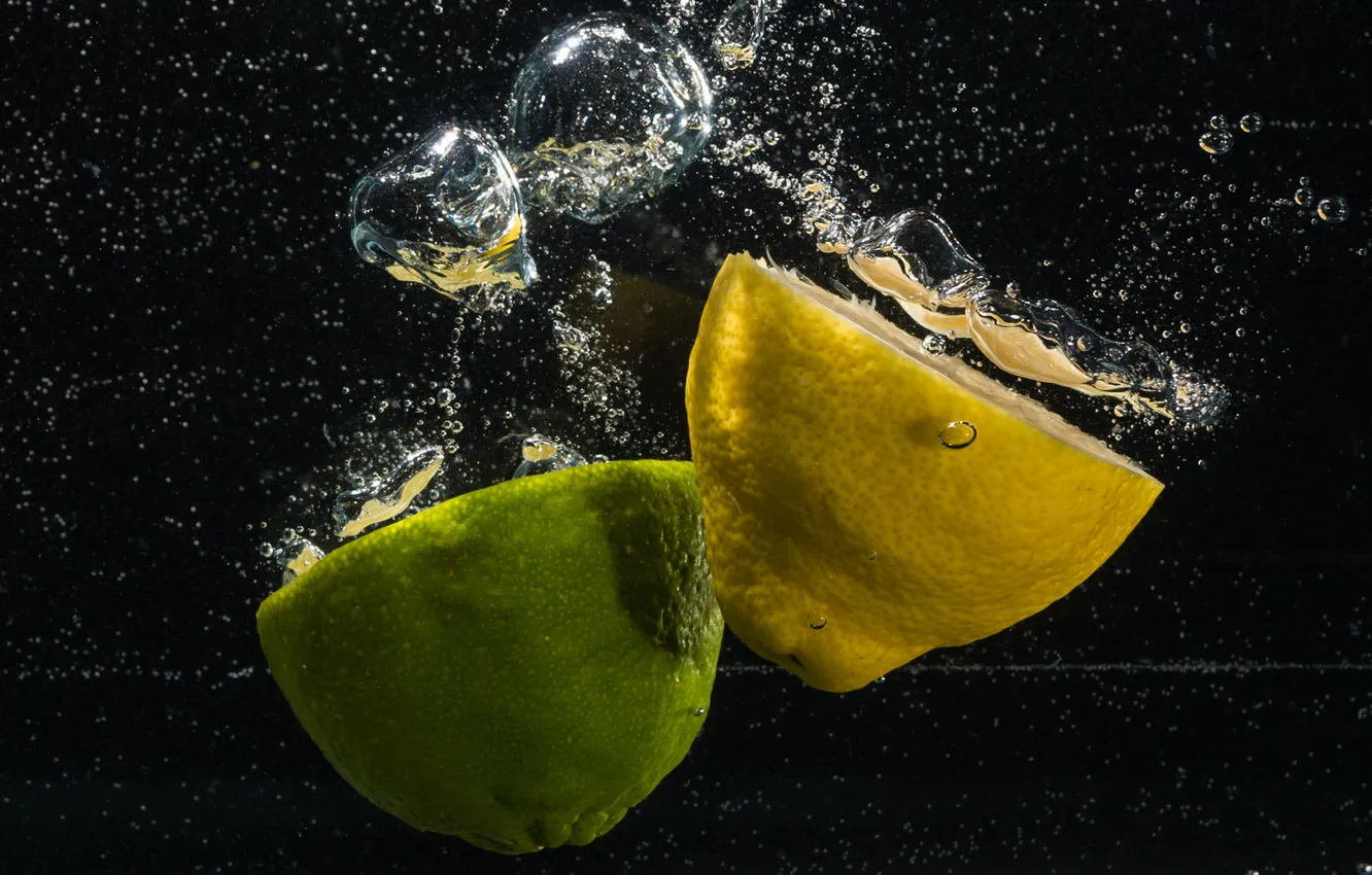Фото обои вода, пузырьки, обои, лимон, лайм