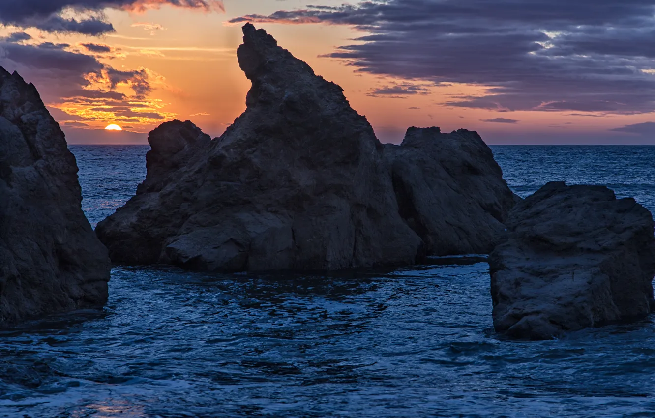 Фото обои океан, скалы, рассвет, USA, Pacifica, Mori Point