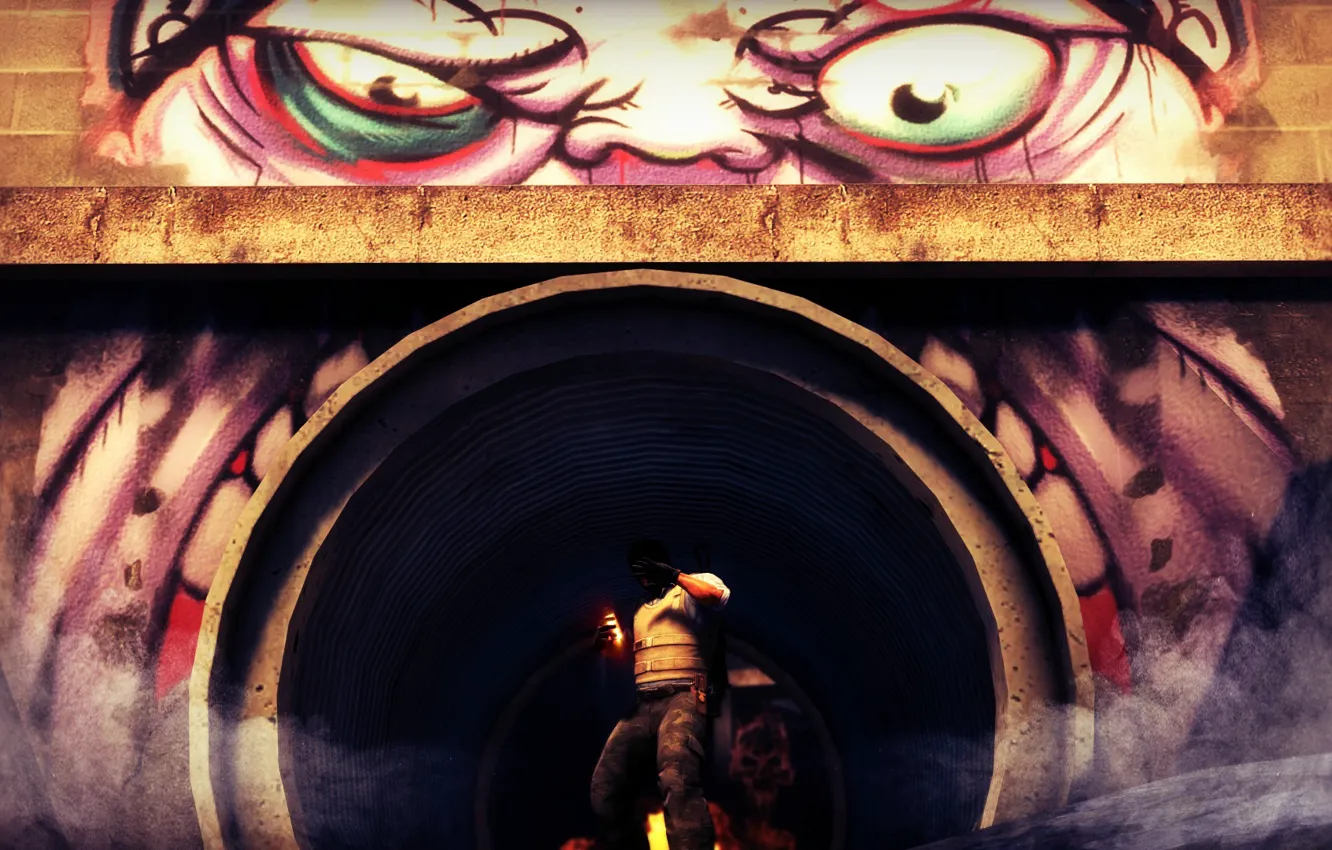 Фото обои лицо, стена, огонь, граффити, дым, череп, дыра, рожа